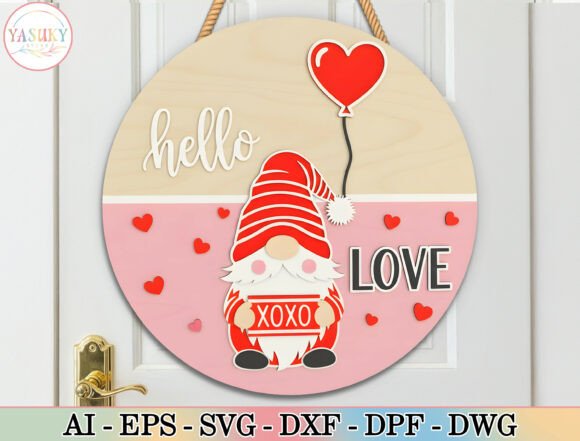 Hello Love Gnome Round Sign SVG for Laser Cutting and Valentine S Day